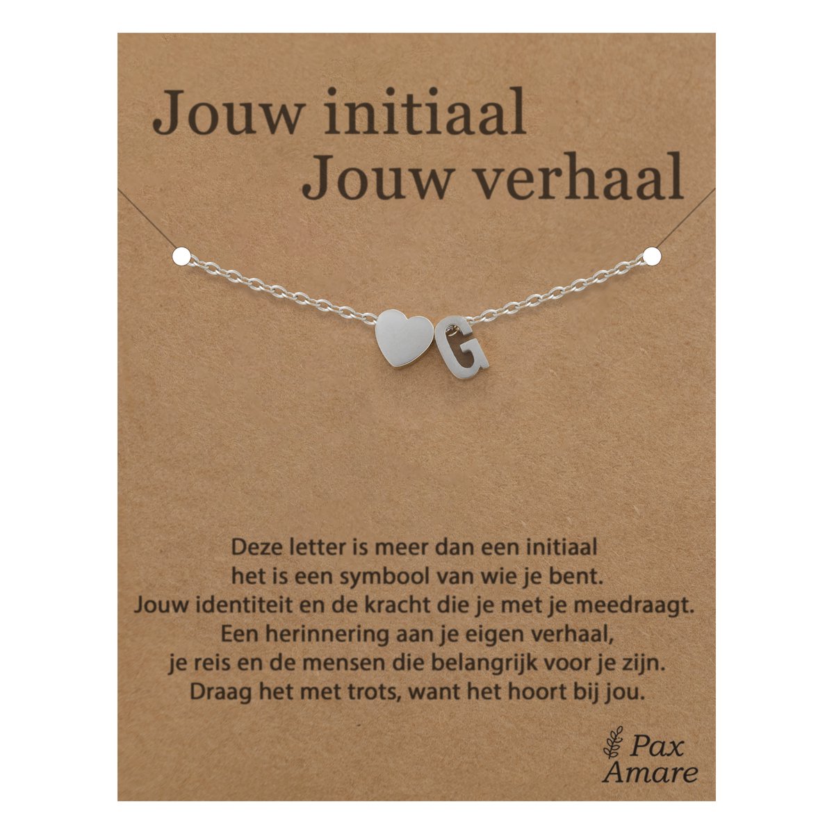 Letter G Armband op Cadeau Kaartje - Jouw initiaal, jouw verhaal - 15,5cm + 5,5cm verstelbaar Zilverkleurig Stainless Steel - Initiaal & Hartje Hanger - Pax Amare
