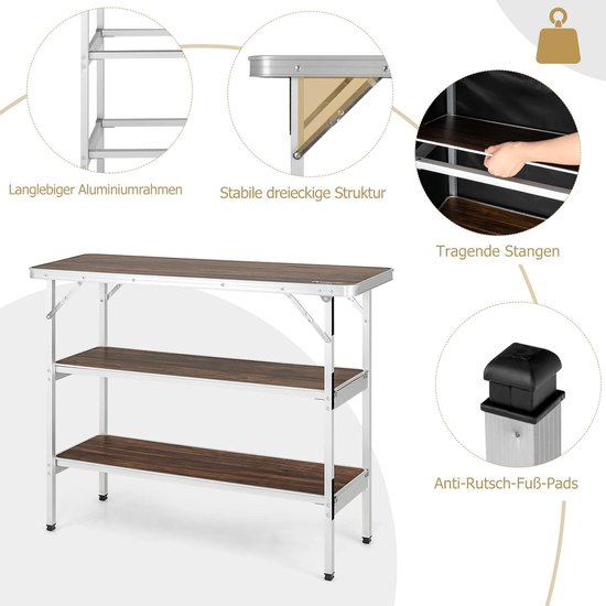COSTWAY Opvouwbare Campingtafel, Aluminium Draagbare Picknicktafel met 2 verdiepingen Open Planken, Draagbare vouwtafel voor buitengebruik (Koffie) van Costway — afbeelding 2