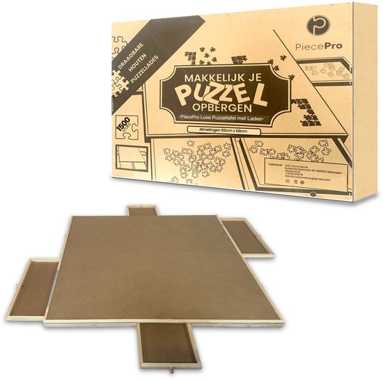 Verpakking van een houten puzzelbord met 6 lades, geschikt voor puzzels tot 1500 stukjes.