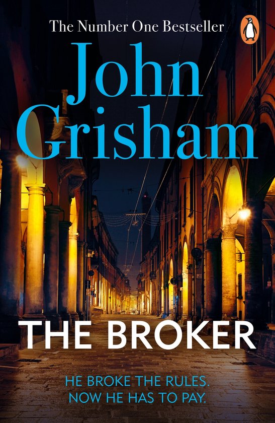 Couverture du livre 'The Broker' de John Grisham avec une scène de rue la nuit.