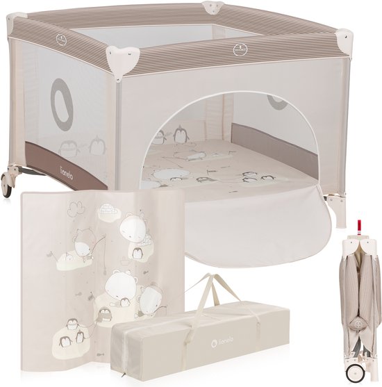 Reiswieg met accessoires: opgevouwen reiswieg, draagtas en een losse wand met beren en pinguïns.