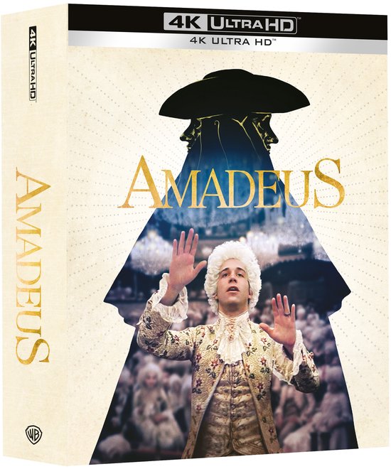 Amadeus 4K Ultra HD box met een man in witte pruik en kleding, tegen een achtergrond met twee hoofden.