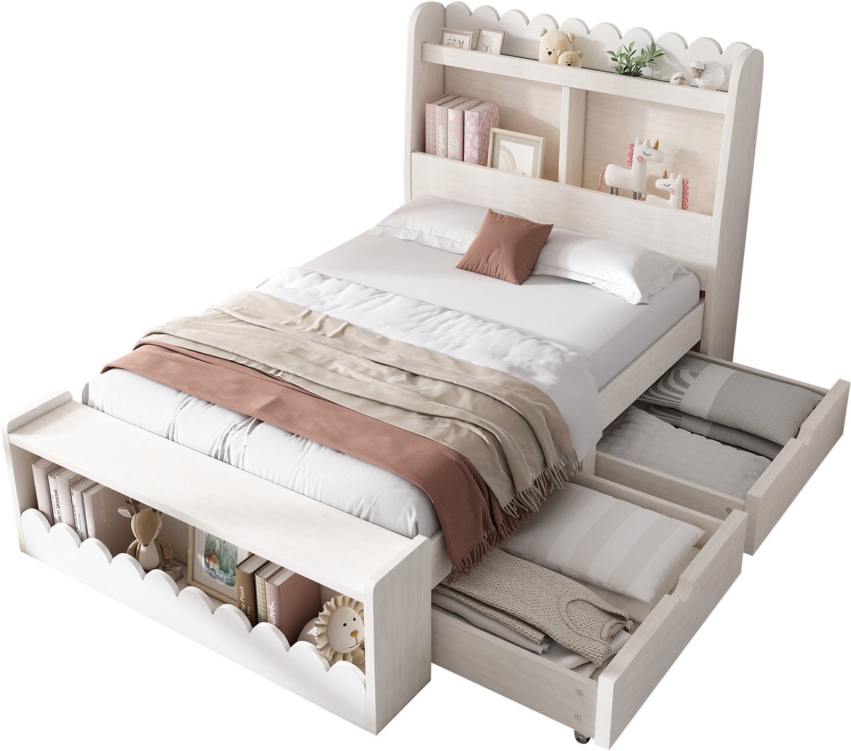 Kinderbed Eenpersoonsbed Opbergbed met Lades, Plank en Bank met Opbergruimte, Houten Bed 90x190 cm, Bedframe en Lattenbodem van Hout, Wit met Eiken Kleur (Zonder Matras)