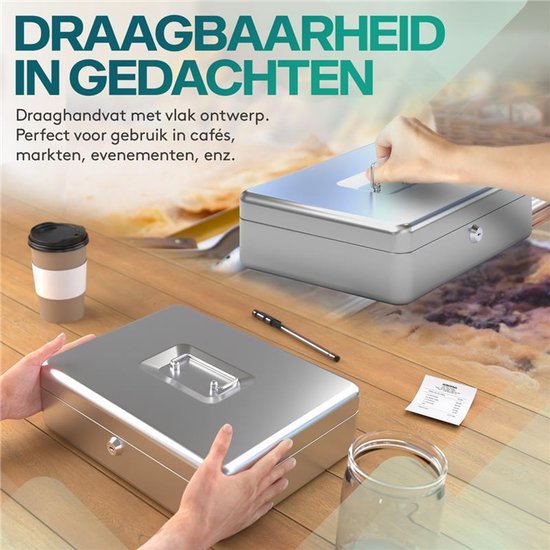 Zilverkleurig geldkistje op een houten ondergrond, met een koffertje ernaast. Tekst: Draagbaarheid in gedachten.