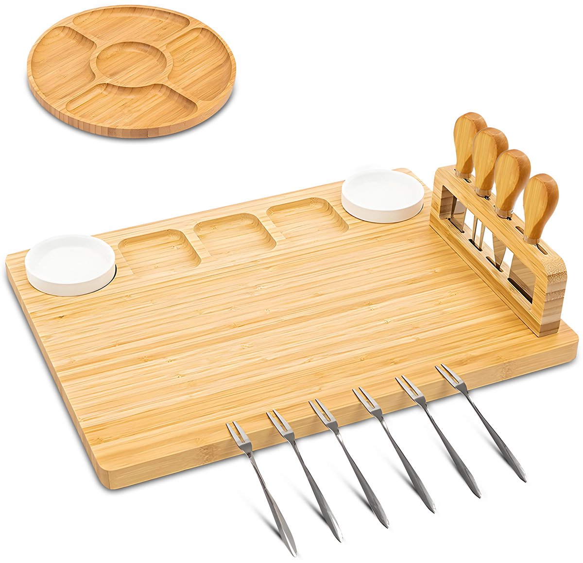 Kicinn Borrelplank - Tapasplank - Kaasplank - Serveerplank - Borrelplank Hout - Incl. Kaasmesjes, Vorkjes, schaaltjes en extra Serveerplank – Bamboe — cadeau in Kookcadeaus - foto 2