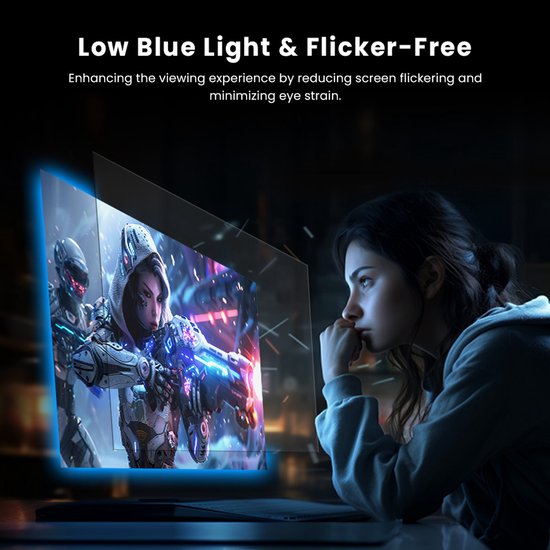 Meisje kijkt naar een gamingscherm met een cyberpunk-personage. Lage blauwe licht- en flikkervrije technologie.