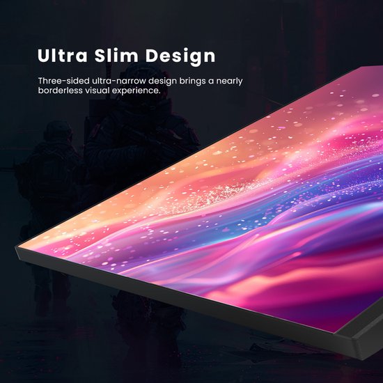 Close-up van de rand van een KTC-monitor met een abstract ontwerp op het scherm. Ultra-slim design.