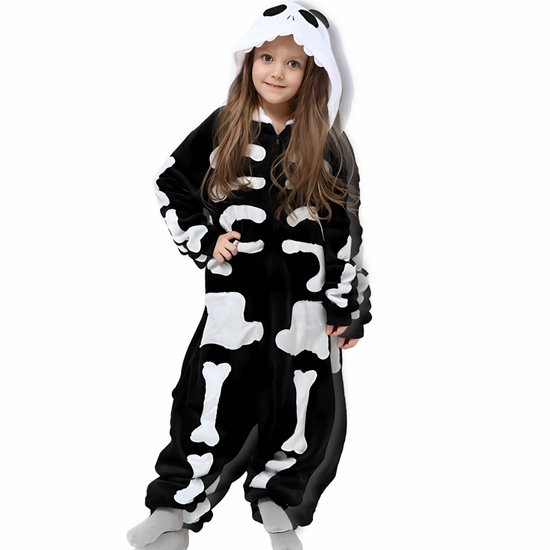 BoefieBoef Kinder Onesie Skelet – Peuter & Kleuter Pyjama 2-5 Jaar – Fluffy Dieren Verkleedpak – Warme Flanel Jumpsuit met Capuchon – Knuffelpak & Huispak – Zwemles – Carnaval, Halloween & Sinterklaas Cadeau – Jongens & Meisjes 95-110 cm - Zwart