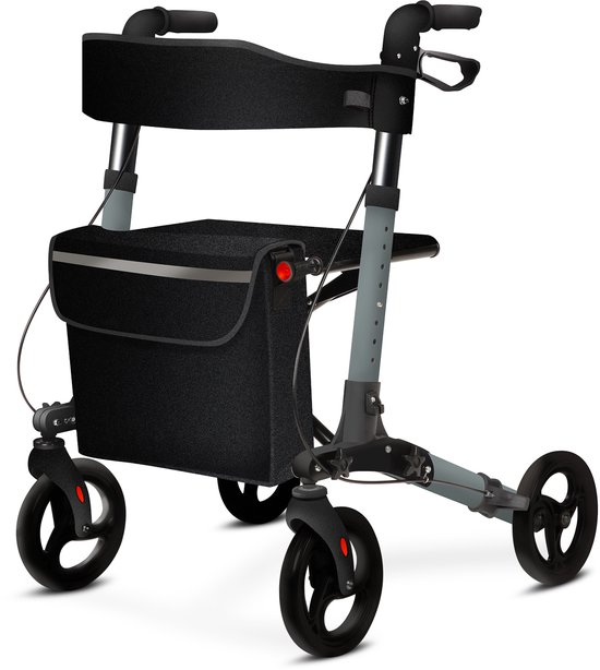 ELONEO Lichtgewicht Rollator met Zitje - Opvouwbare Aluminium Rollator voor Senioren, 8 Verstelbare Hoogtes, 3-voudig Opvouwbaar Loophulpmiddel met Tas & Parapluhouder, Past in Auto (Antraciet)