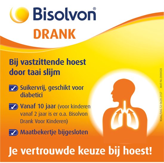 Bisovolon drank: suikervrij, geschikt voor diabetici. Vanaf 10 jaar, maatbekertje bijgesloten. Je vertrouwde keuze bij hoest!
