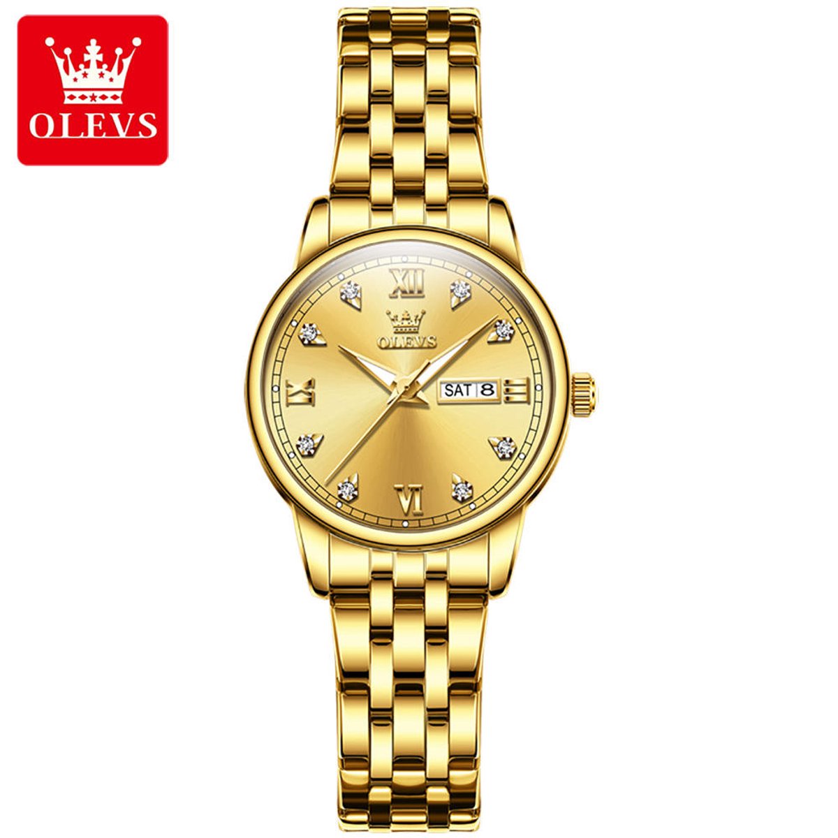 HO-5525L.g : Olevs stijlvol goudkleurig edelstaal quartz dameshorloge, weekdag datum