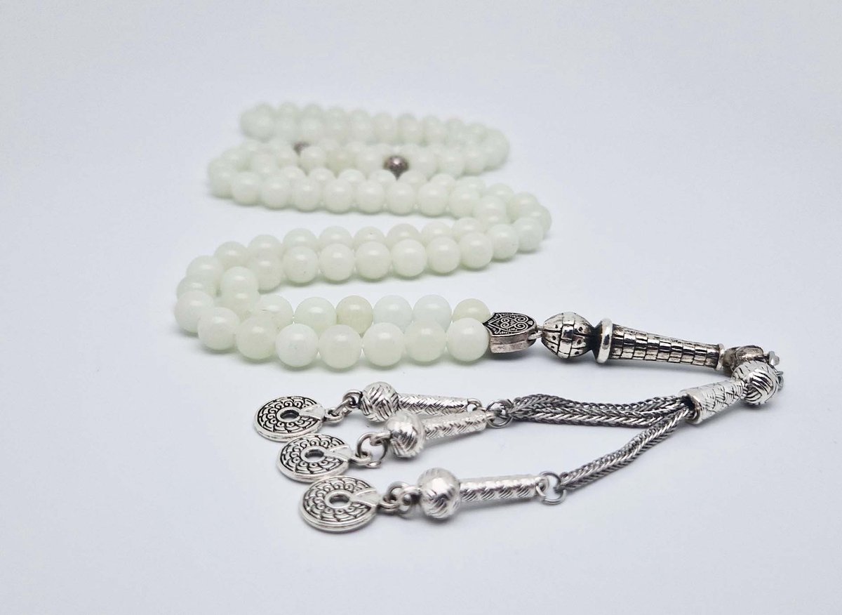 Handgemaakte tesbih "Tasbih" natuursteen "Maan licht" - Aantal kralen 99 - Diameter kralen 8MM - met metaal tassel "Cirkels" - Een mooi cadeau-idee