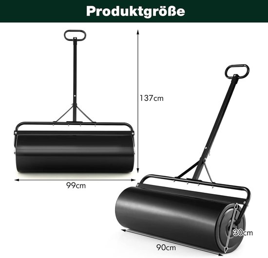 COSTWAY Gazonwals bij te vullen met water of zand, 63 liter, Ø 30 cm x 99 cm, bodemwals met handvat, metalen tuinwals, handroller, gazonroller voor vlakken, gazon, tuin, zwart van Costway — afbeelding 4