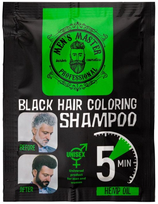Men's Master Black Hair Coloring Shampoo zakje. Toont man met grijs haar ('before') en zwart haar ('after'). Unisex product. 5 minuten, hennepolie.
