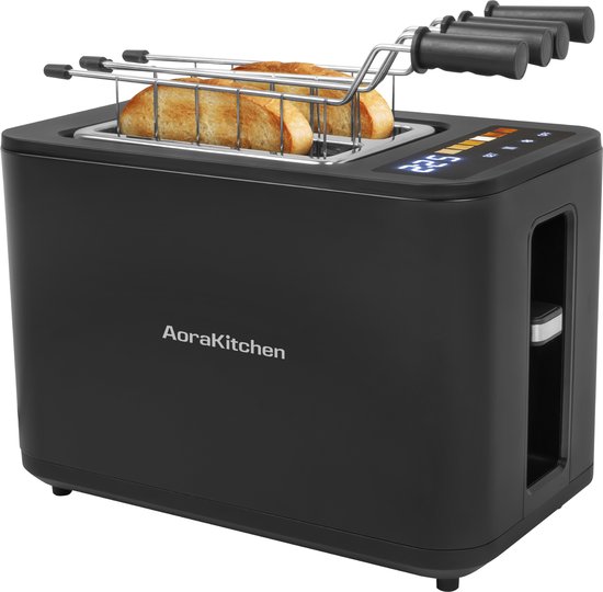 AoraKitchen Broodrooster met Tostiklemmen - 6 Warmteniveaus - Led Scherm - Toaster - Timer - Zwart