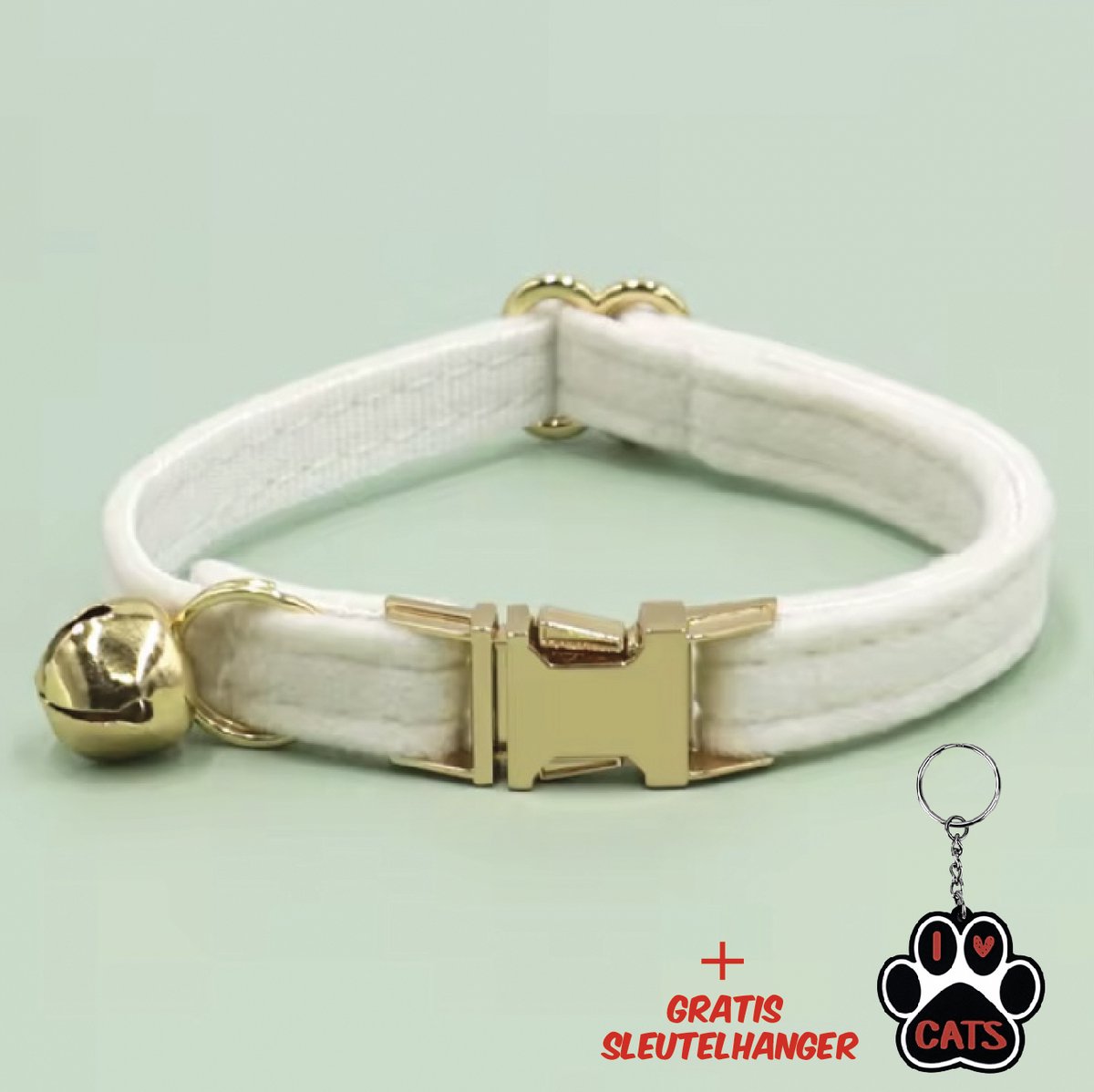 SilverAndCoco® - Witte Katten Halsband met Bel met Gratis Sleutelhanger | Velvet Kat Kitten Bandje met belletje | Kattenhalsband Suède Gouden | Kleding Decoratie | Kattenbandje Huisdier - Wit / Goud