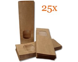 Prigta - 25x Papieren zakjes met venster / blokbodemzakjes papier- 7x4x20 cm - uitdeelzakjes / verpakkingszakjes