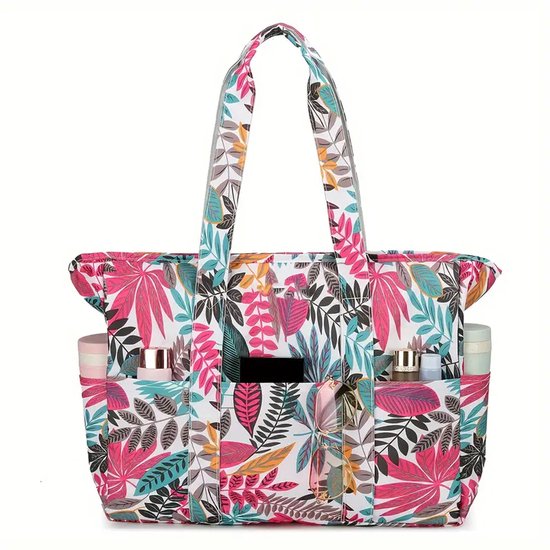 Ultiluxe® Grote strandtas met bladeren - Roze/groen - 41 x 33 x 13 cm - Schoudertas met ritssluiting - Waterbestendig - Dames handtas - Bestand tegen zand - Veel vakken, grote capaciteit - Zwemtas, big shopper, familie badtas