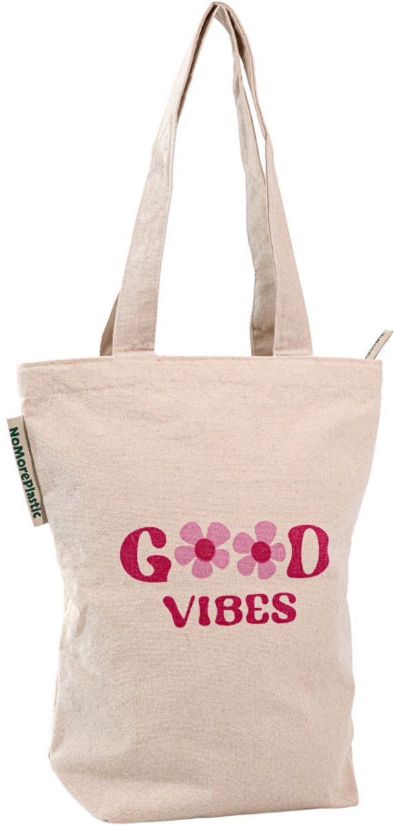 Tote Bag met ritssluiting - Good Vibes - Duurzaam - Gemaakt van gerecycled bedlinnen - Cadeau voor vrouw