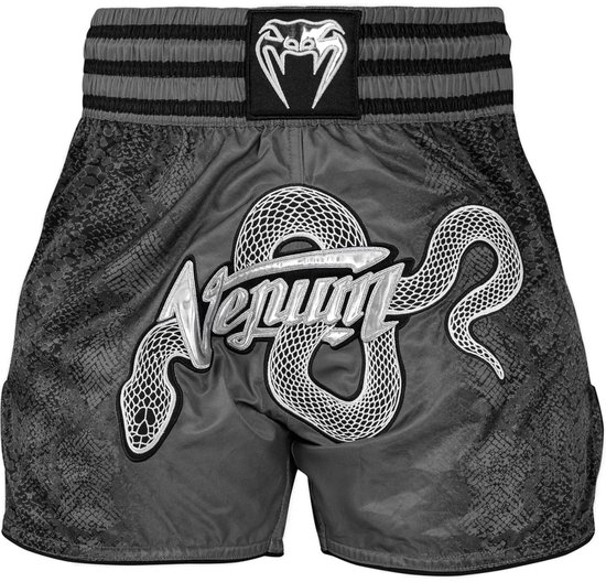 Donkergrijze Muay Thai shorts voor dames met slangenprint, Venum logo en cobra afbeelding op de voorkant.