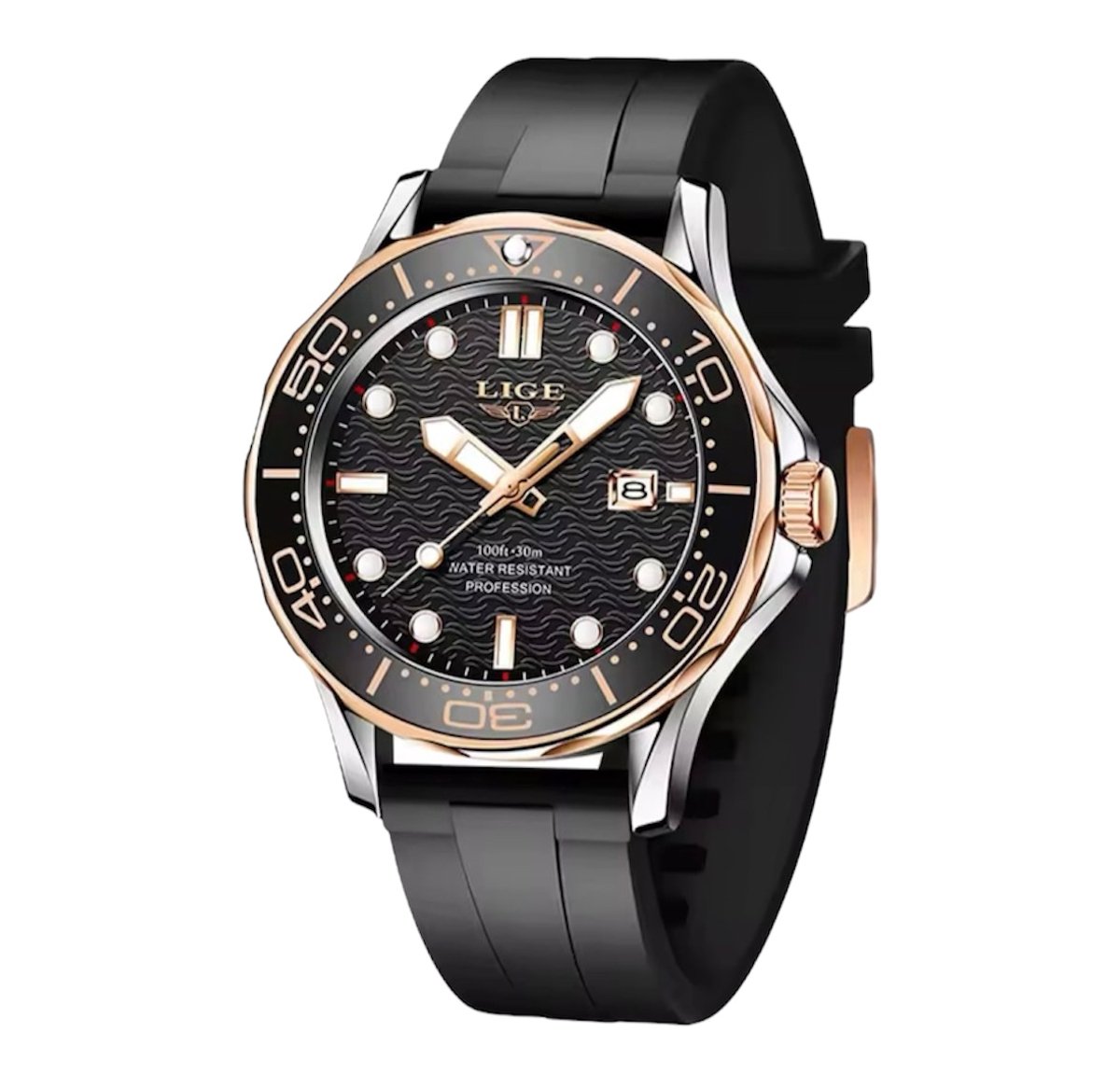 Lige - Luxe Herenhorloge - Polshorloge - Heren - Cadeau - Horloge - Geschenkdoos - Mannen Siliconen Band - Zilver Rosé - Luxe Sporthorloge