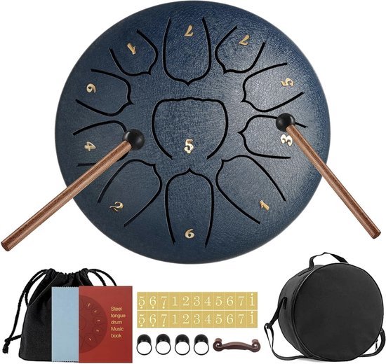 Tongdrum 11 tonen 15,2 cm, tongtrommel, schijftrommel, stalen pan tonen, slaginstrument handpan drum met accessoiredoos, tas, vingerplectrums, muziekboek en sticks voor meditatie, yoga, geluidsgenezing