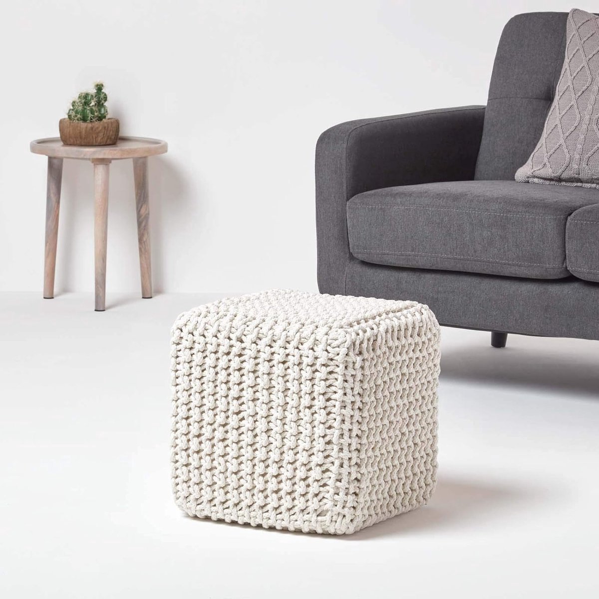 zitpoef zitkubus 35 x 35 cm, zitkussen gebreid poef, grof gebreide bekleding van 100% katoen, vulling van 100% polystyreen