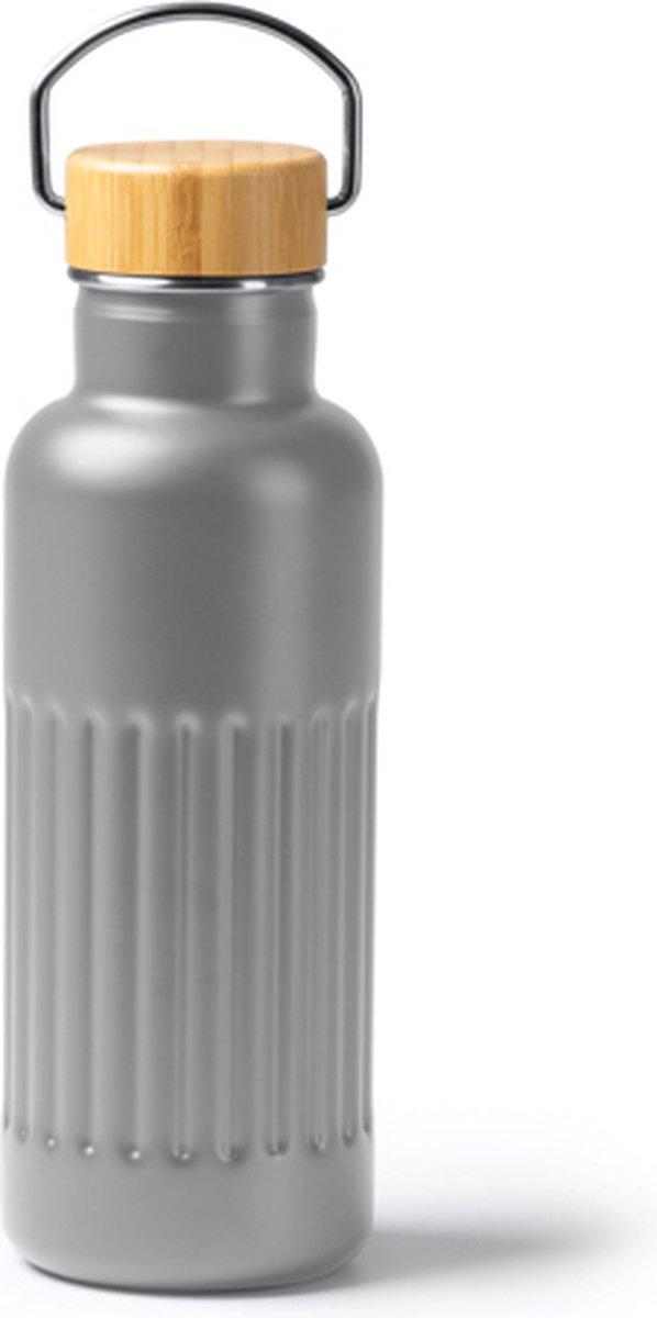 Thermosfles Grijs van gerecycled 304 roestvrijstaal met dubbelwandig afgeschuind ontwerp en bamboedeksel. Inhoud: 500 ml.