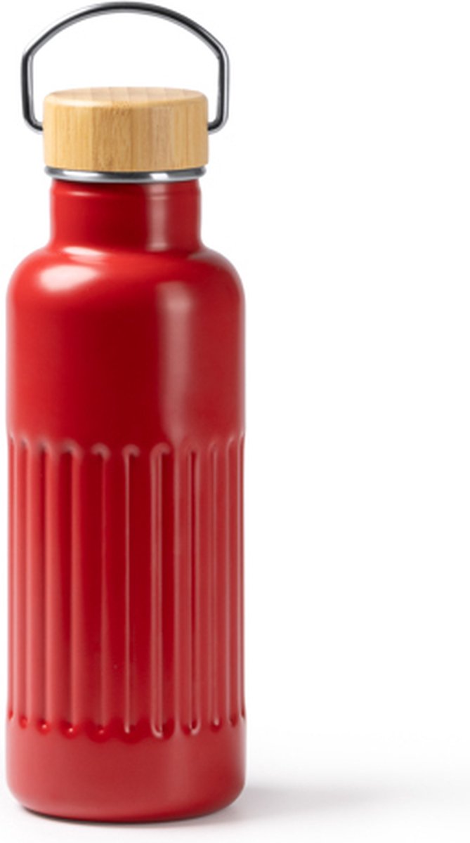 Thermosfles Rood van gerecycled 304 roestvrijstaal met dubbelwandig afgeschuind ontwerp en bamboedeksel. Inhoud: 500 ml.