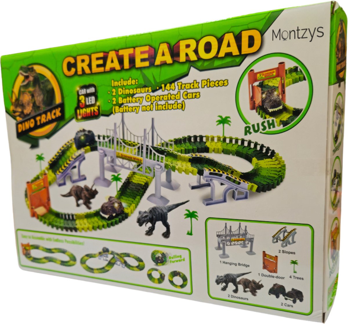 Montzys® Dinosaurus Racebaan - 252 Delige Autobaan - Dino Speelgoed Elektrisch - Flexibele Auto Racetrack - Sinterklaas & Kerst Cadeau Voor Kinderen — afbeelding 6