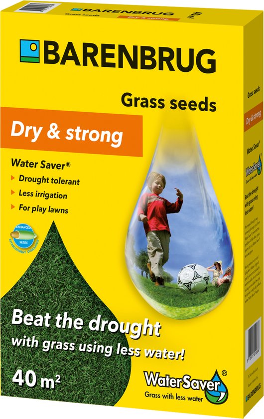 Barenbrug graszaden Water Saver, 40 m². Droog & sterk met een jongen met voetbal op een regenboog.