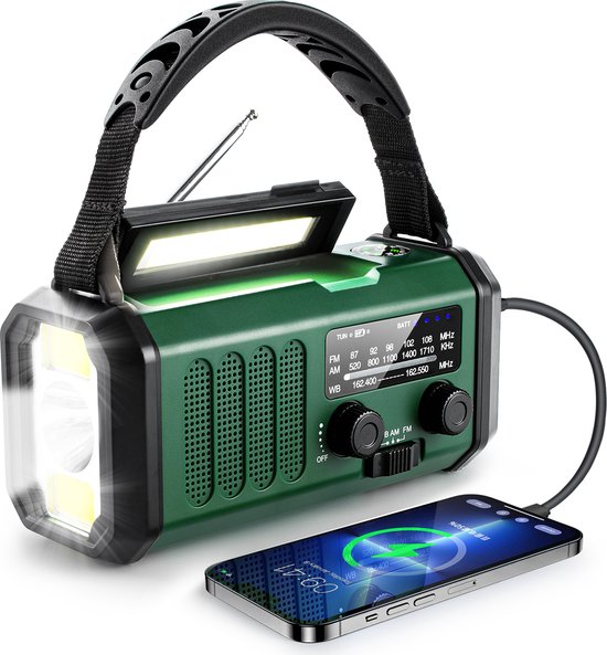 Noodradio - Solar Powerbank - Opwindbaar - 10.000 mAh - Noodalarm - Draagbare Radio op accu - Zaklamp - Survival Noodpakket - Groen - Legergroen