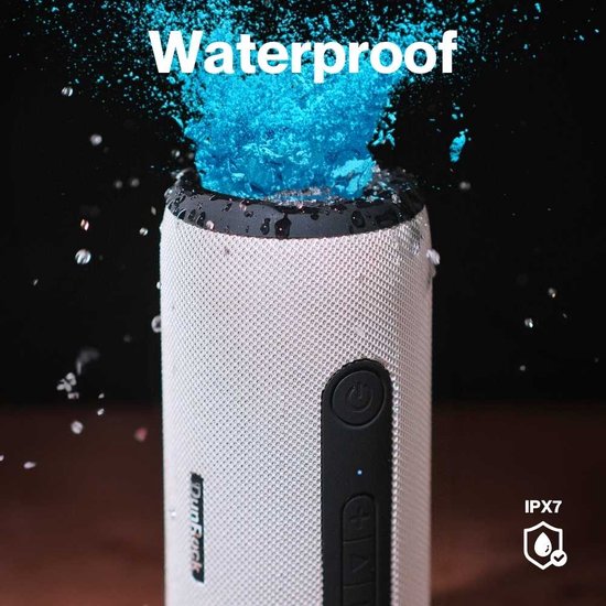 Grijze DunRock speaker met IPX7 waterdichtheid en blauwe explosie bovenop.