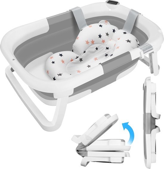 Lichtblauwe Opvouwbaar Babybad met Thermometer en Badkussen - Antislip
