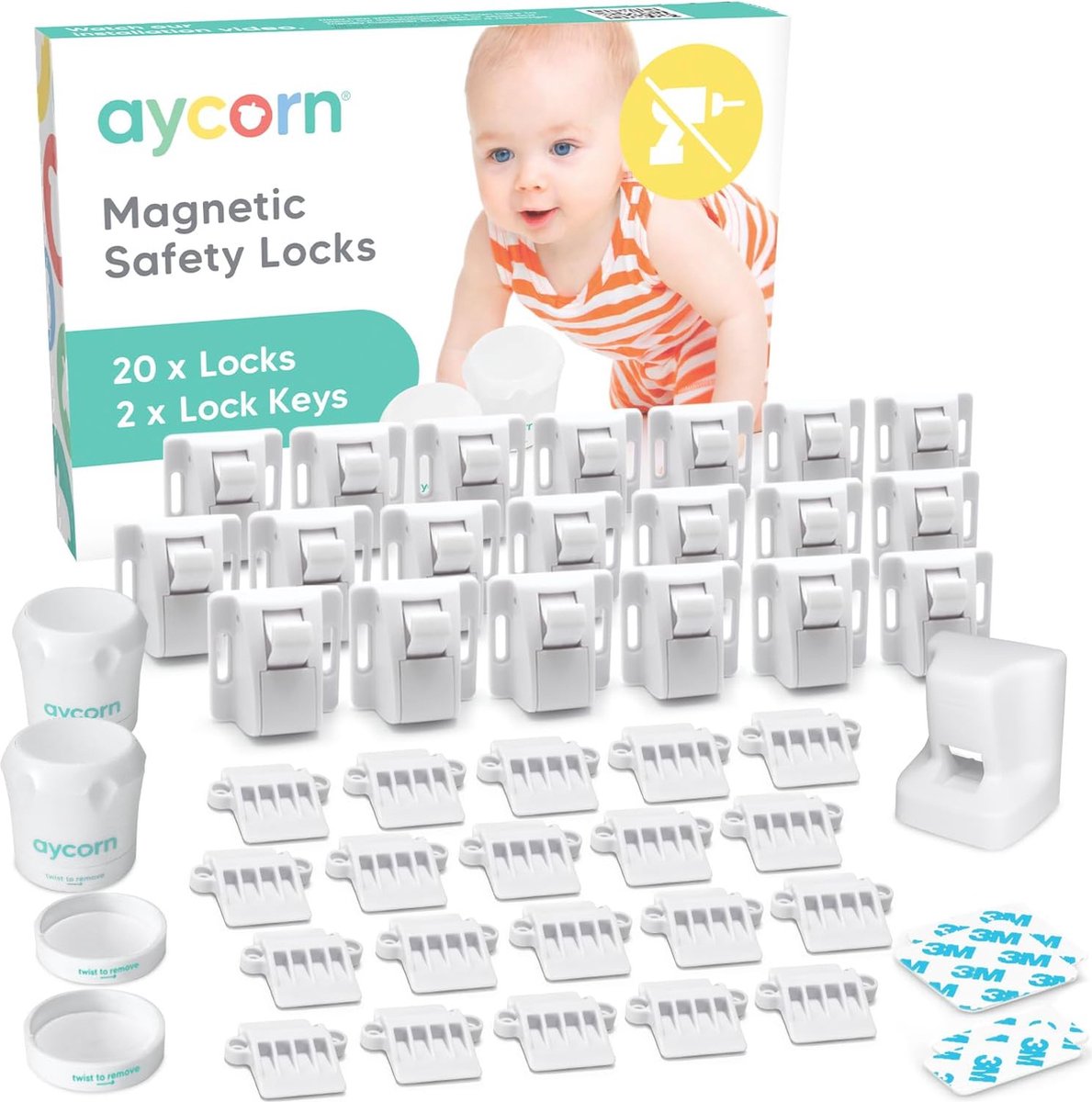 AYCORN Magnetisch Kinderslot Kastjes – Baby Peuter Magneet Beveiliging voor Kast, Deur en Lade – 20 Sloten en 2 Sleutels – Incl Instructievideo – Geen Boorwerk of Schroeven - Wit