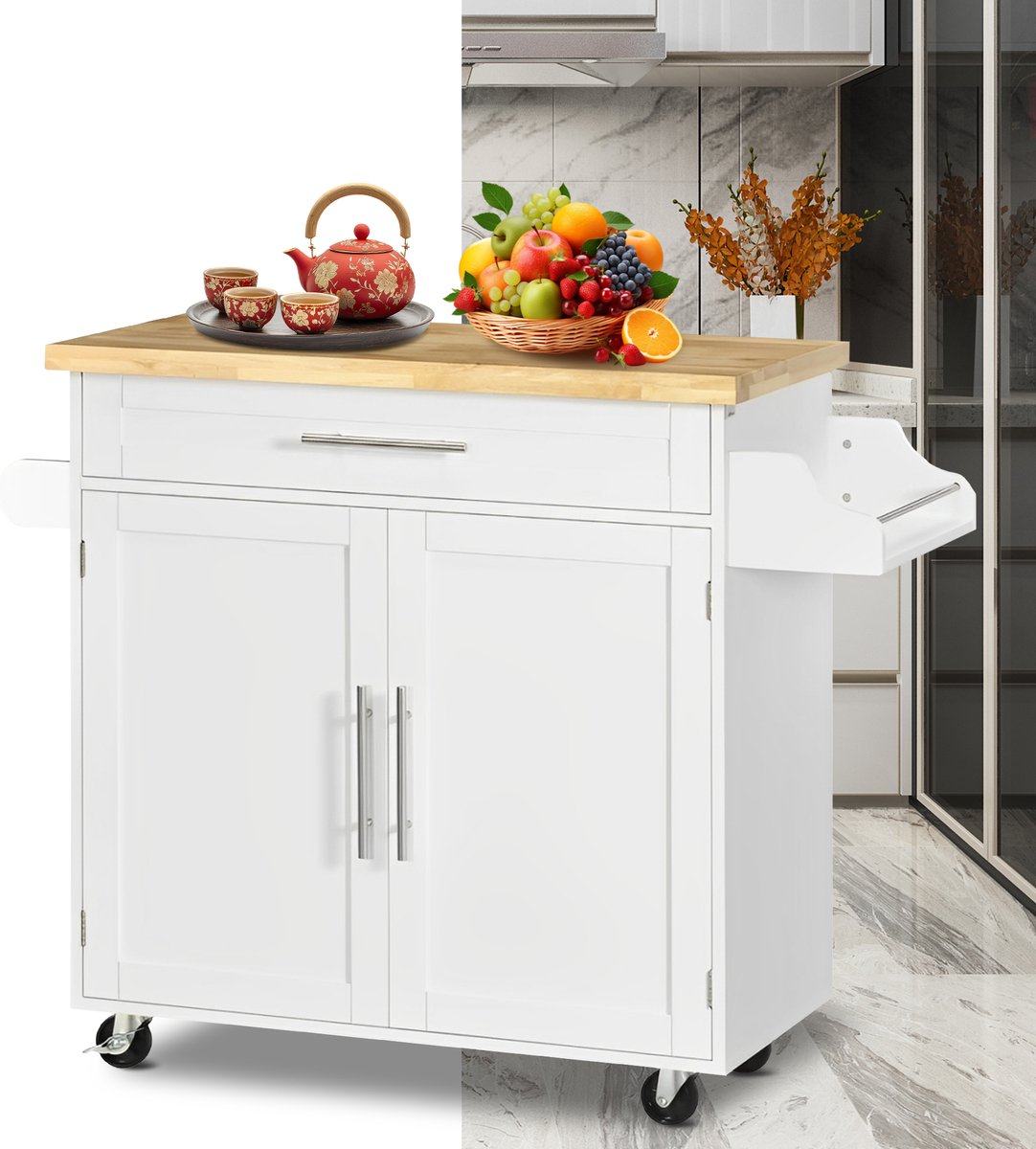 Bol.com Keukeneiland - Verplaatsbaar - Keukenkast - Dressoir - Organizer - Kasten - Houten Werkblad - 2 Deuren - Wit aanbieding