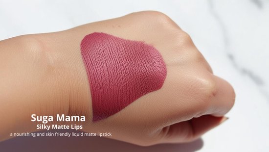 Suga Mama: Matte roze liquid lipstick swatch op een hand.