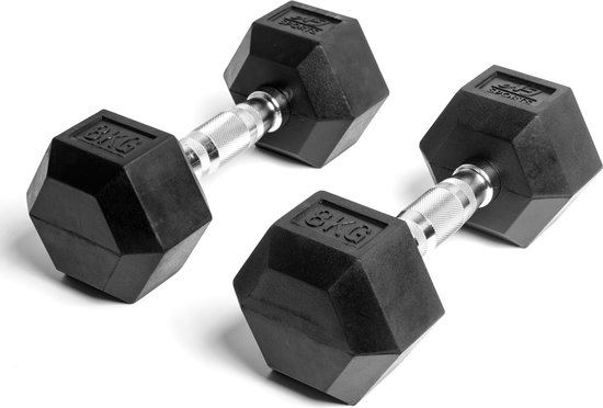 Twee zwarte, zeshoekige dumbbells met de tekst "8KG" en "AJ SPORTS" op een witte achtergrond.