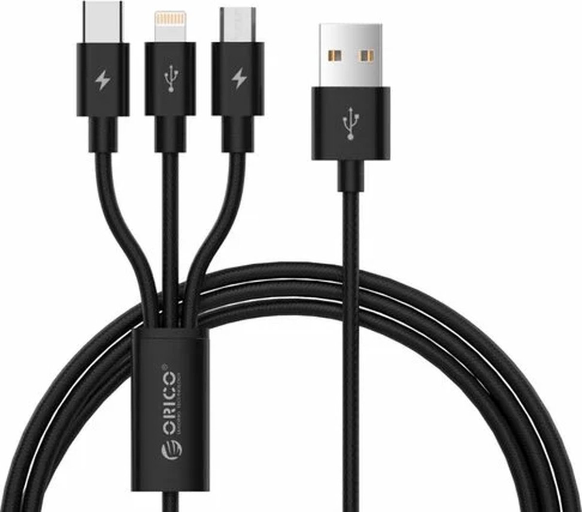 Nylon gevlochten 3-in-1 laadkabel met Lightning, Micro B en Type-C interface - 3A - Vergulde connectoren - Aluminium Legering - Zwart