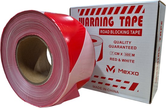 Rol rood-wit afzetlint naast een doos met "WARNING TAPE" erop.