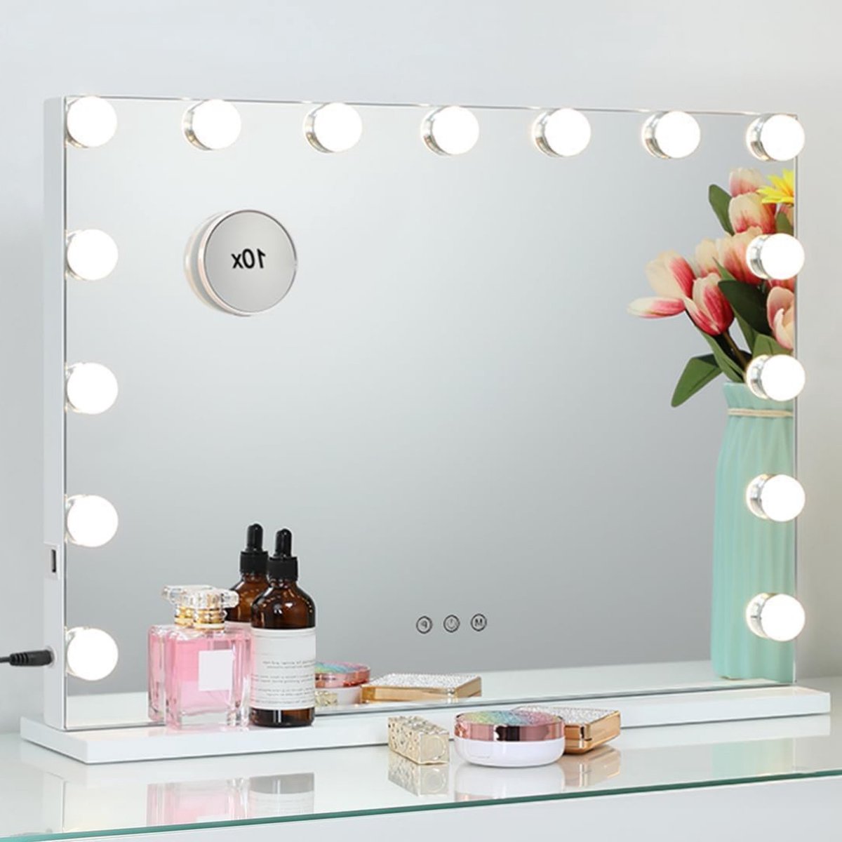 Hollywood Make Up Spiegel met Verlichting - Holywood – Visagie – 44.5 x 58 cm - Zonder Rand – 15 Led Lampen - Met 3 Lichtstanden - Wit