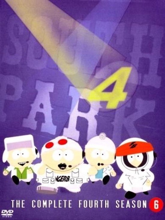 South Park - Seizoen 4 DVD met Stan, Kyle, Cartman en Kenny. De '4' is prominent aanwezig.