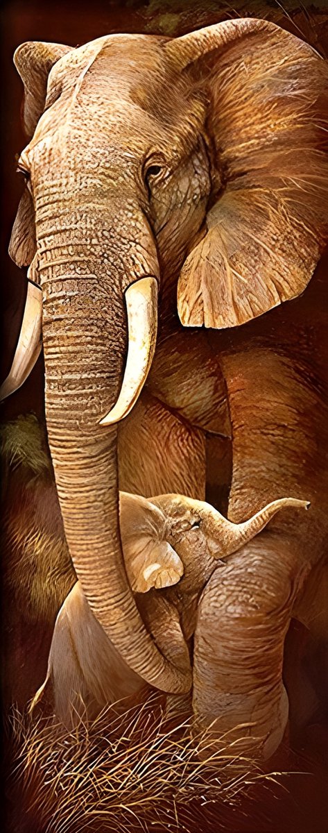 Olifant met kleintje 30x70 - Diamond painting - compleet pakket - volledig beplakt - vierkante steentjes