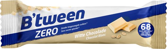 Hero B'tween Zero mueslireep met witte chocolade, zonder toegevoegde suikers. 68 kcal per reep.
