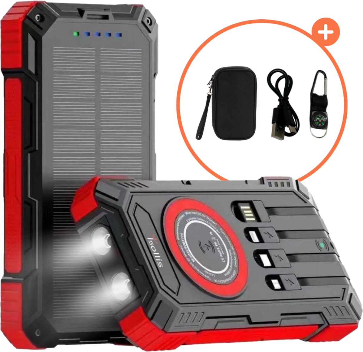 Isollis® Solar Powerbank 20000 mAh Rood met Zonne-energie