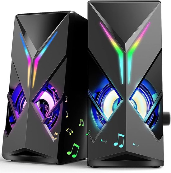 StayPowered PC-Luidspreker - Krachtig 10W Stereo Geluid - RGB Gaming Verlichting - USB Voeding & 3,5mm Jack - Plug & Play - Volumeregeling & Lichtknop - Slank & Modern Design - Zwart - Levering Sneller dan Aangegeven!