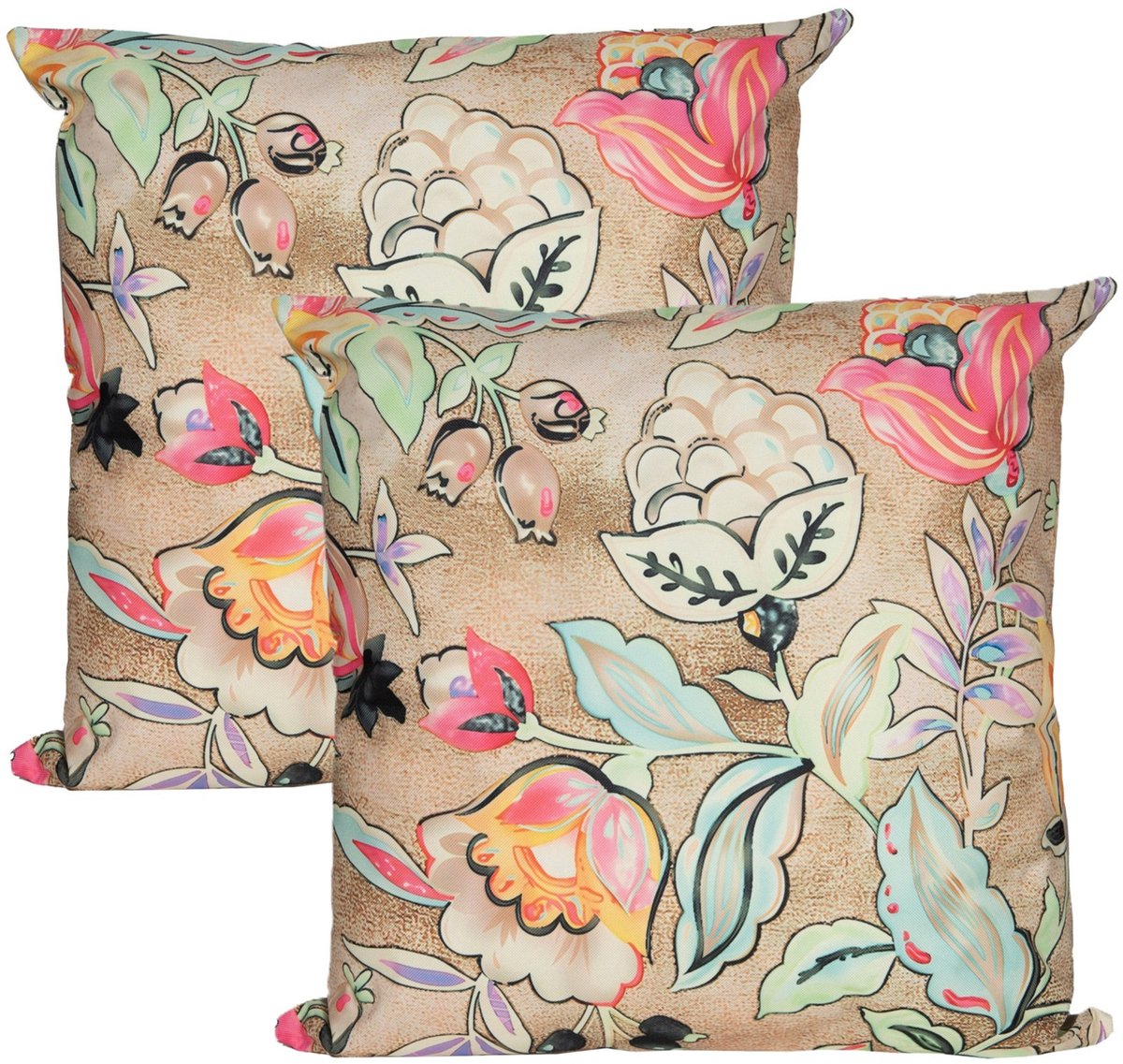 Anna's Collection Sierkussen voor binnen en buiten - 2x - wild flowers - beige - 60 x 60 cm - tuinkussen