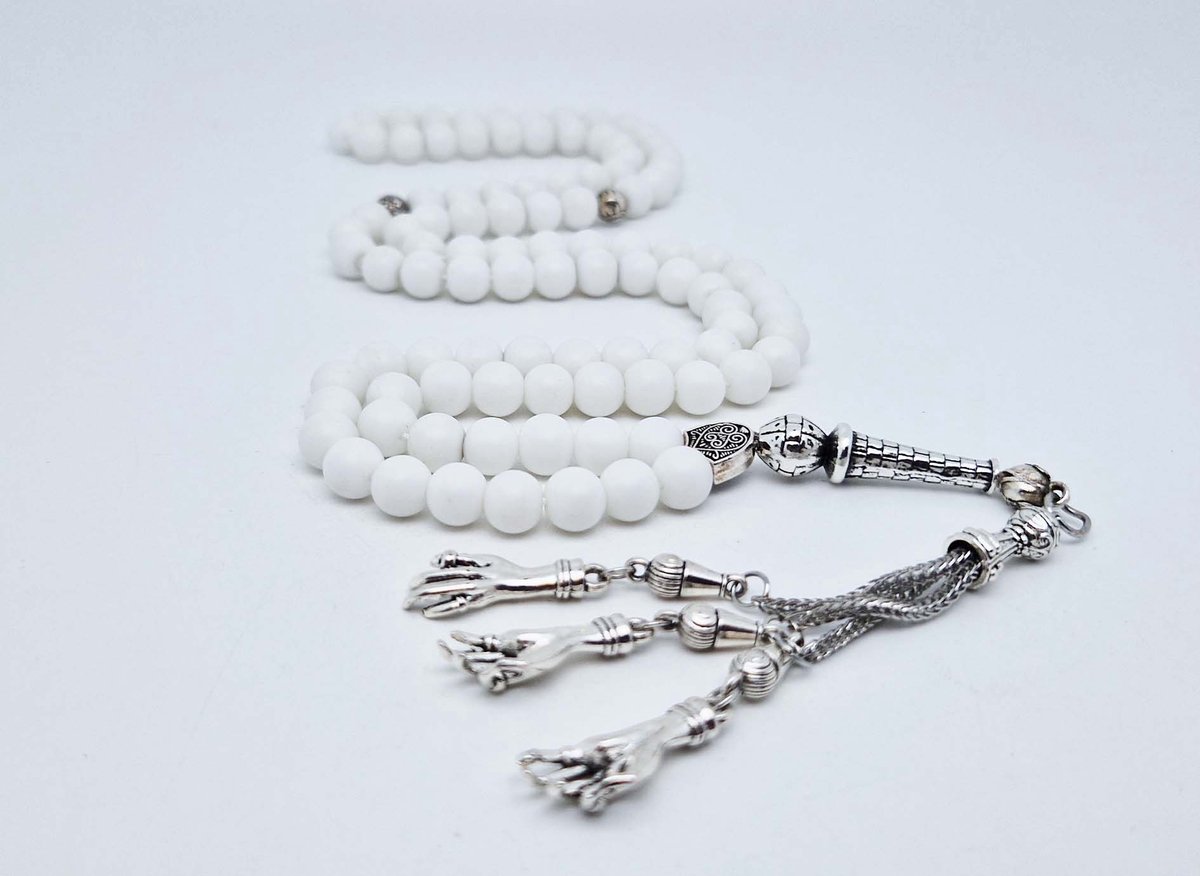 Handgemaakte tesbih "Tasbih" natuursteen "Mat Witte agaat" - Aantal kralen 99 - Diameter kralen 8MM - met metaal tassel "Palm" - Een mooi cadeau-idee