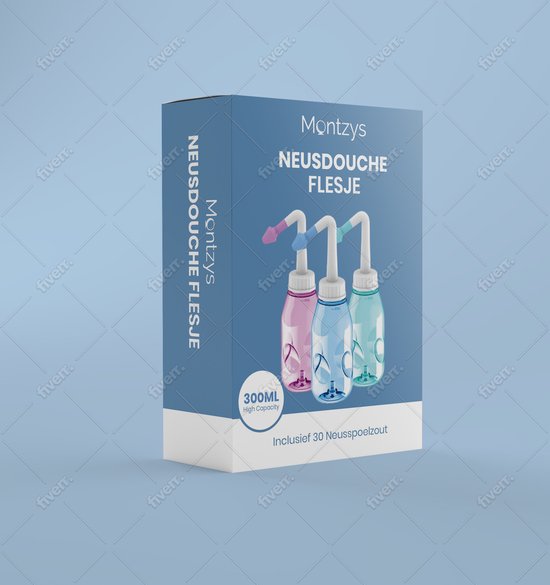 Verpakking Montzys neusdouche flesje met 3 gekleurde tuiten en 30 neusspoelzout zakjes. 300ml inhoud.
