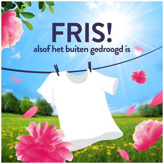 Un T-shirt blanc sèche sur une corde à linge dans un champ de fleurs jaunes et d'herbe verte. Des fleurs roses et des pétales flottent dans l'air.